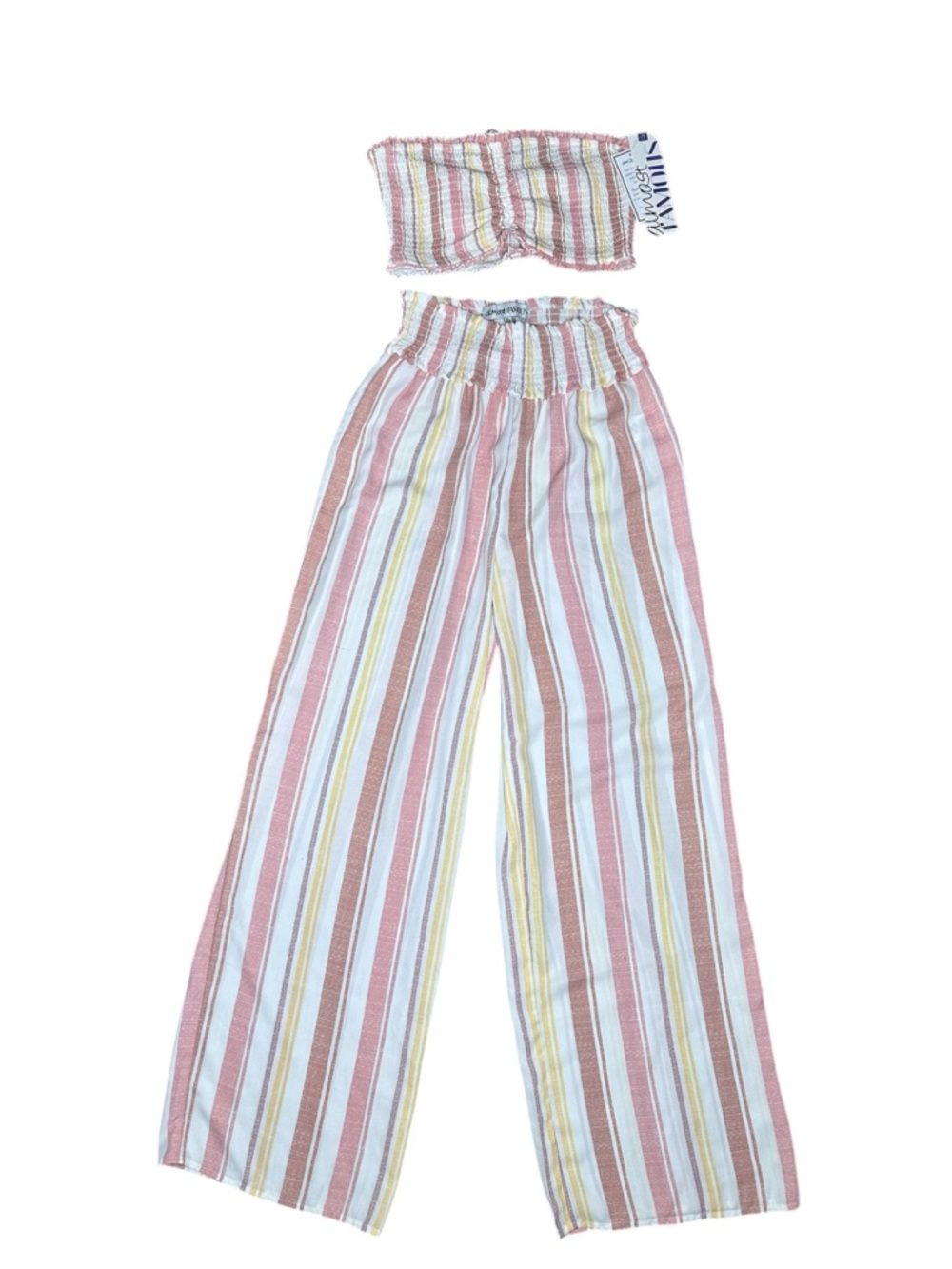 Striped Tube Top & Wide Leg Pants Set - Pink, White, Yellow